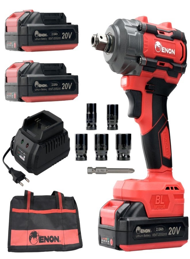 Enon 20v Impact Wrench Cordless Kit, 300Nm Torque, Powerful Motor, 2xLi-ion 2.0Ah Batteries, 5 Wrench Sockets, F/R, Brushless, Woodworking Tool, Drill, Screwdriver - 6 Month Warranty (XE-BL2031) - Image 1